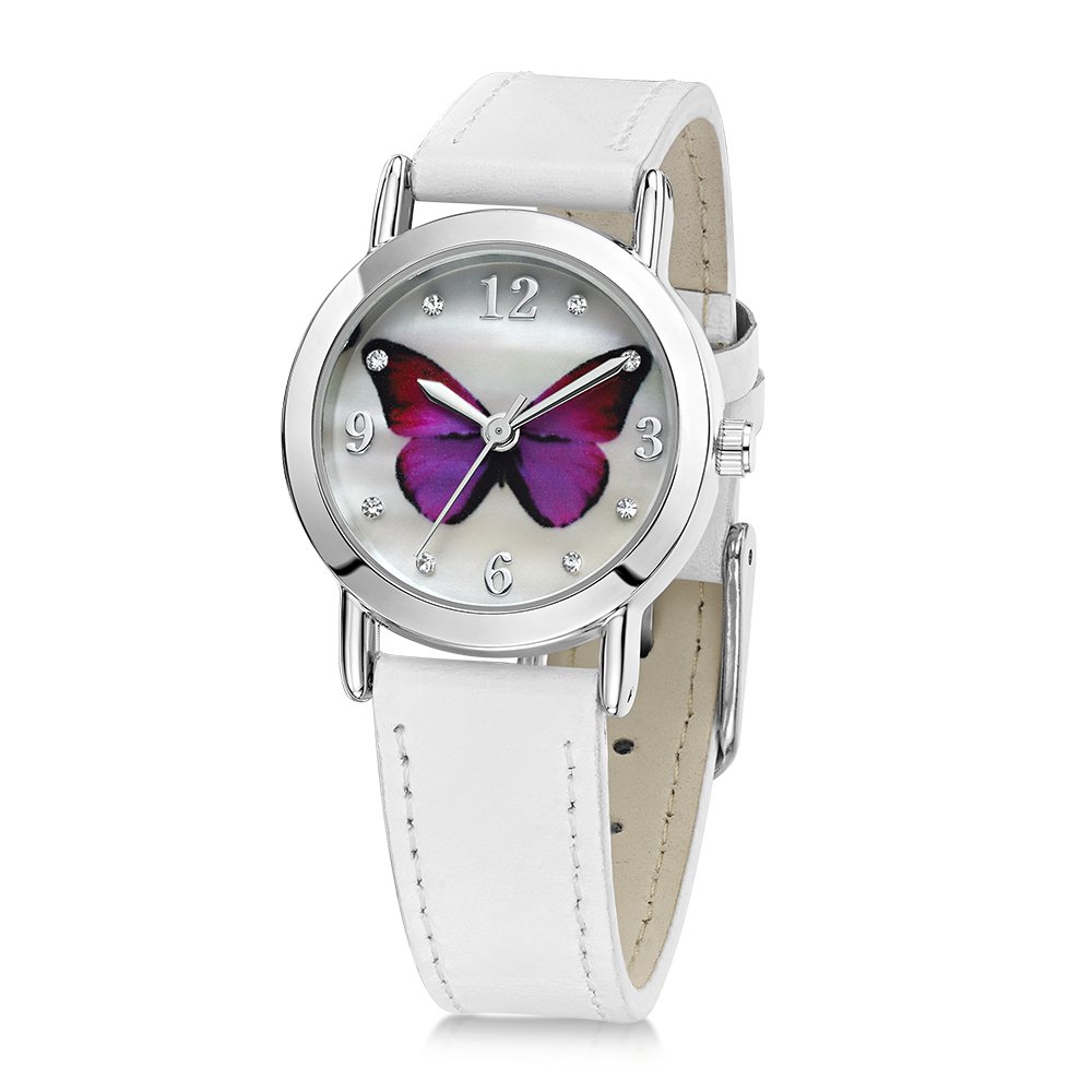jo for girls pink butterfly watch with white leather strap