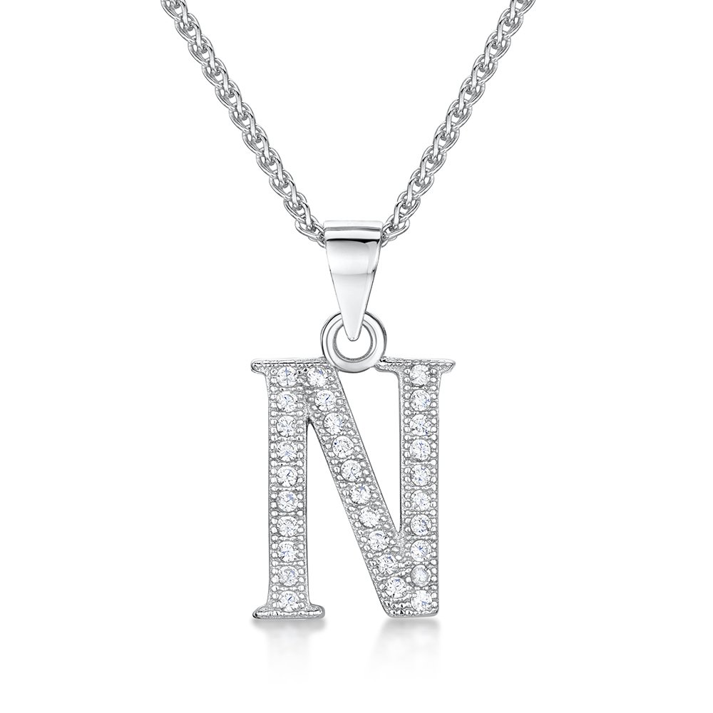 jo for girls Womens Initial 'N' Sterling Silver and Cubic Zirconia Letter Pendant