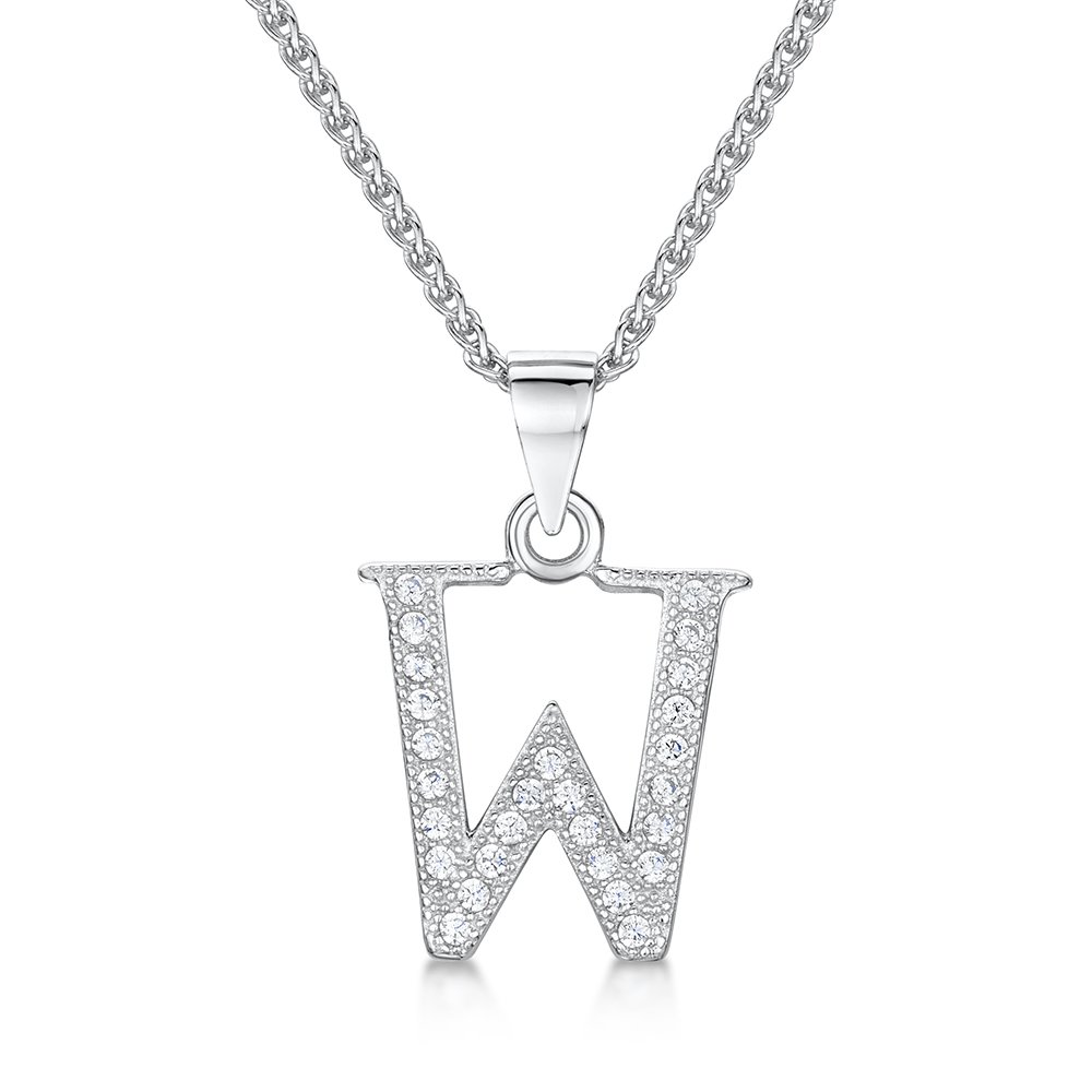 jo for girls Womens Initial 'W' Sterling Silver and Cubic Zirconia Letter Pendant