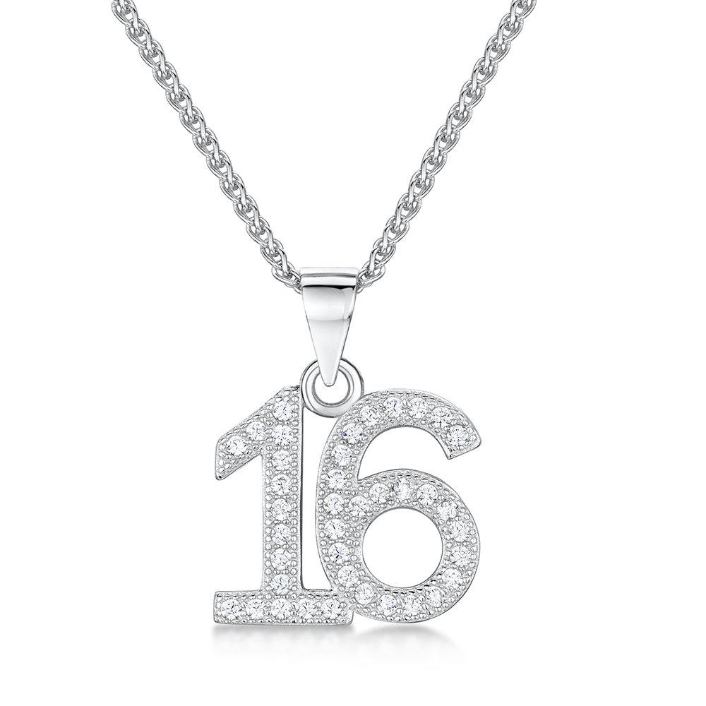 jo for girls Womens Sterling Silver 16 Number Pendant with Cubic Zirconia