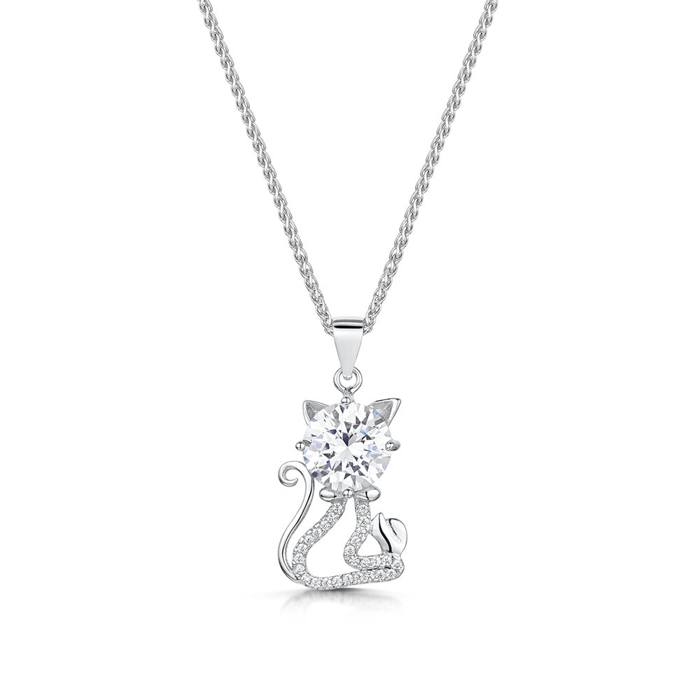 jo for girls Womens Sterling Silver Cat with Cubic Zirconia Rhodium Plated Pendant