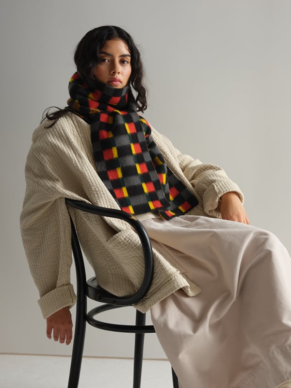 jo gordon BRUSHED TARTAN RIBBON SCARF BLACK & DRILL GREY