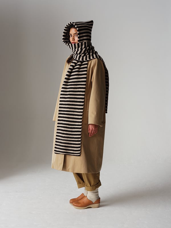 jo gordon STRIPED BRUSHED HOOD SCARF BLACK & OATMEAL