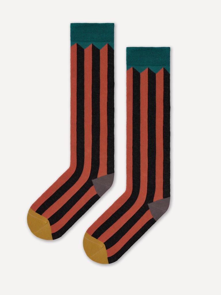 Jo Gordon TWO COLOUR VERTICAL STRIPE BROWN KNEE SOCKS