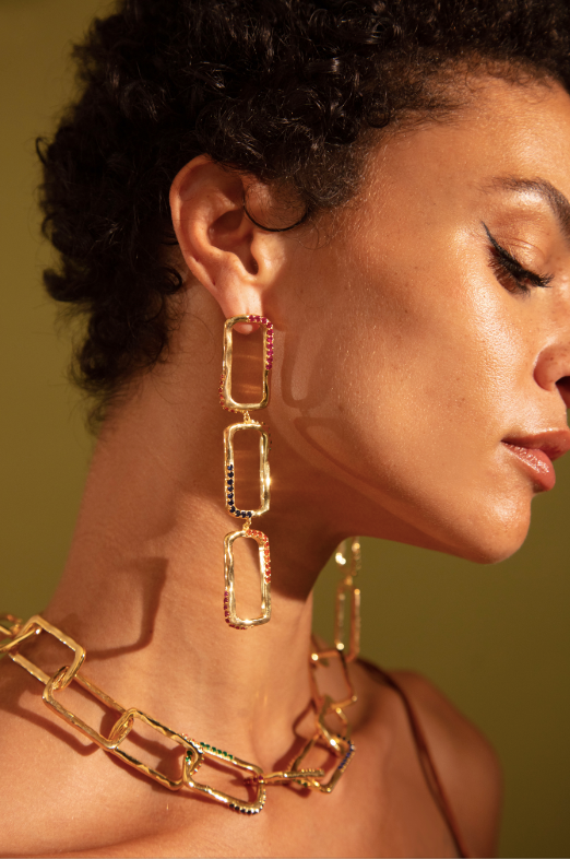 Joanna Laura Constantine RECTANGLE WAVE CHAIN EARRINGS WITH MULTI COLORED STONES