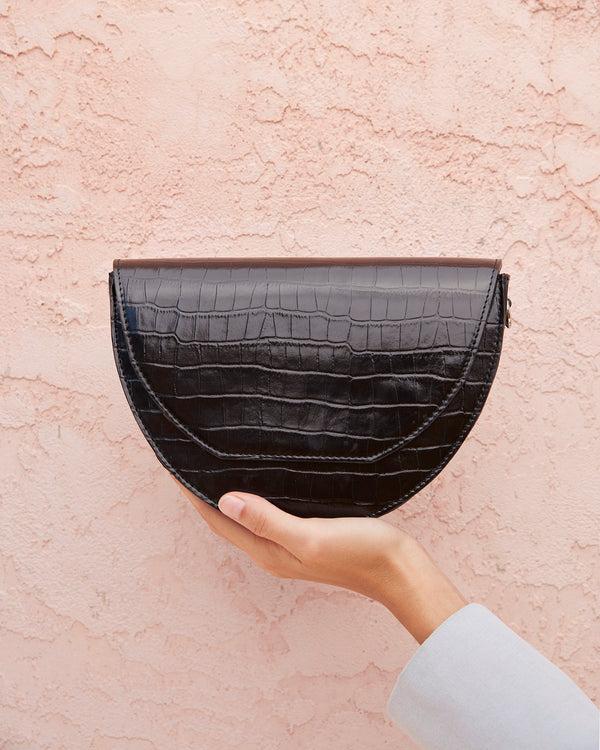 Joanna Maxham Lune Saddle Bag (Black Croc-Embossed)