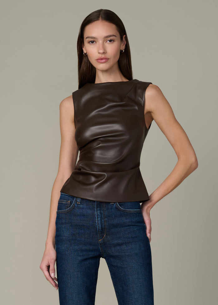 joe's THE MEG VEGAN LEATHER TOP DARK CHOCOLATE