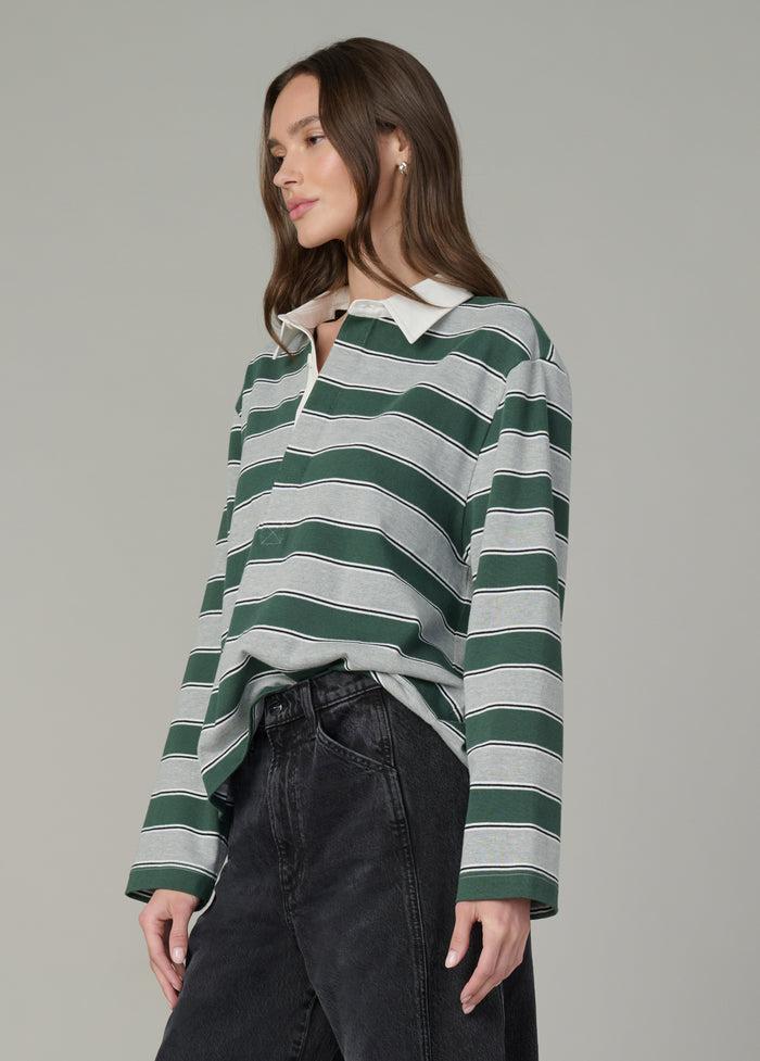 Joe's THE DYLAN OVERSIZED RUGBY SHIRT HEATHER GREY CILANTRO STRIPE