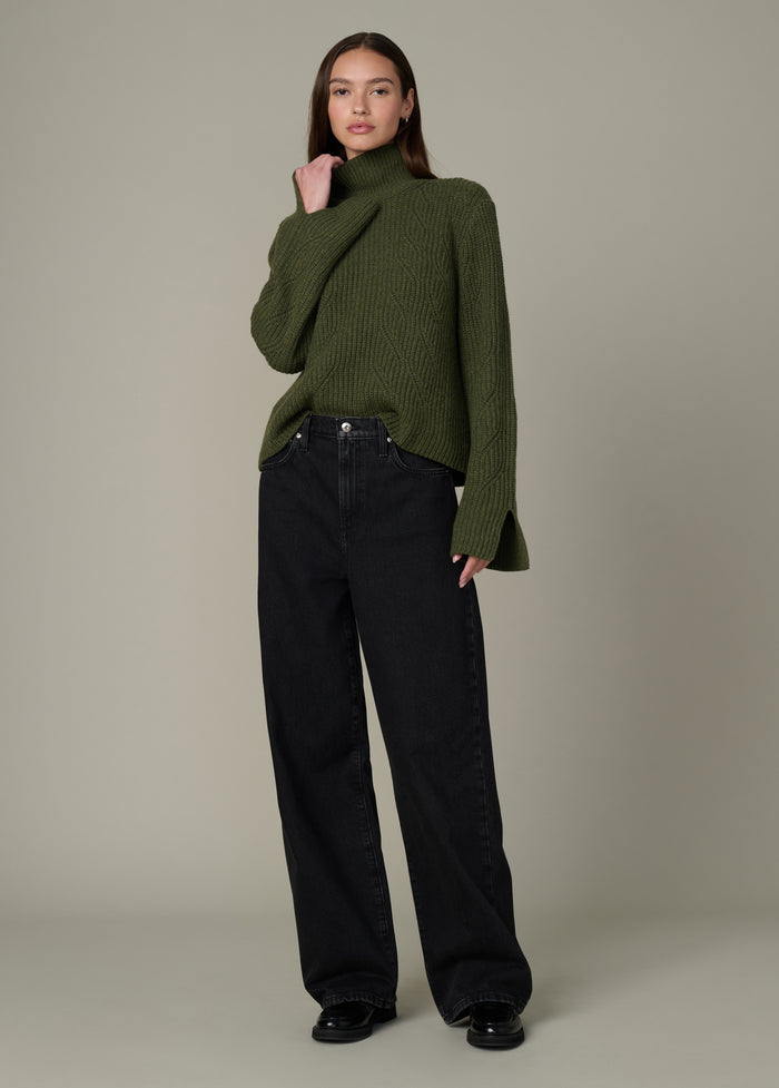 Joe's THE ELLA CABLE KNIT FUNNEL NECK SWEATER WINTER MOSS