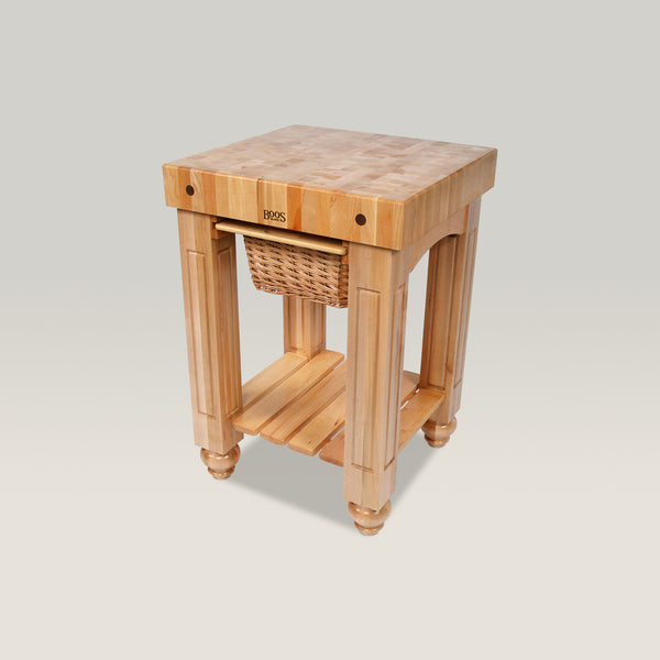 John Boos 25" X 24" X 4" Maple Gathering Block With Lower Shelf And 1 Wicker Basket
