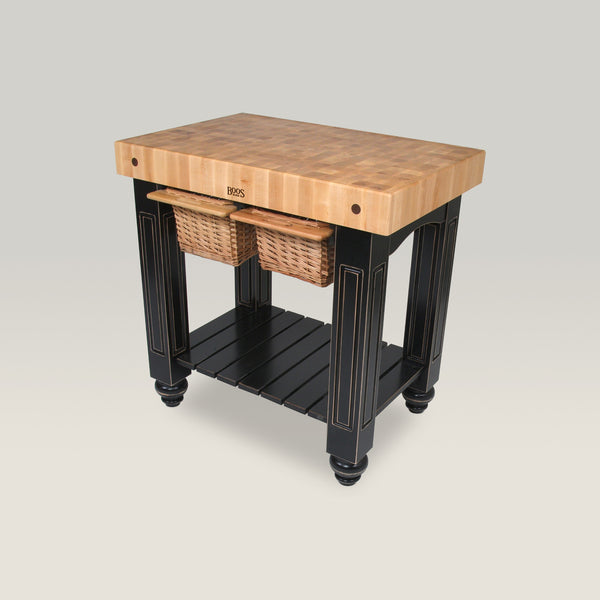 John Boos 36" X 24" X 4" Maple Gathering Block With Lower Shelf And 2 Wicker Baskets
