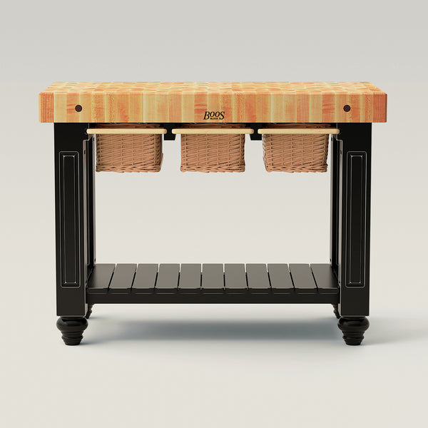 john boos 48" x 24" x 4" Maple Gathering Block With Lower Shelf And 3 Wicker Baskets