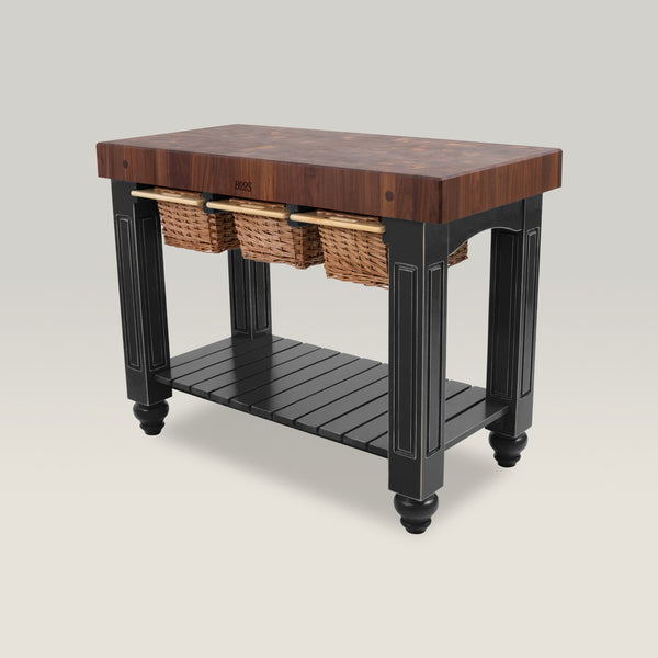 John Boos 48" X 24" X 4" Walnut Gathering Block With Lower Shelf And 3 Wicker Baskets