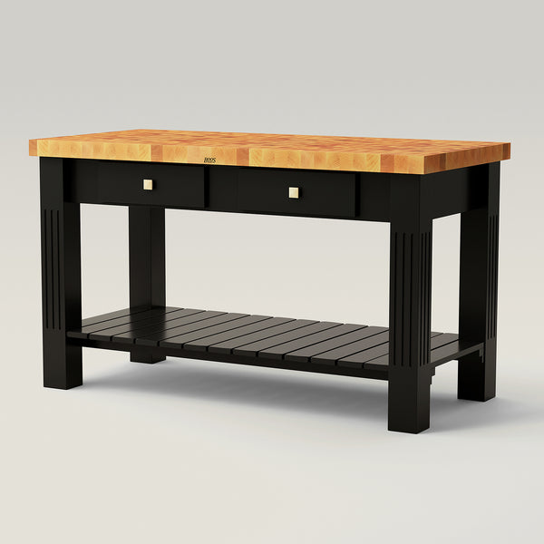 John Boos 60" X 28" X 2-1/4" Maple End Grain Grazzi Table With A Lower Shelf And Utensil Drawers