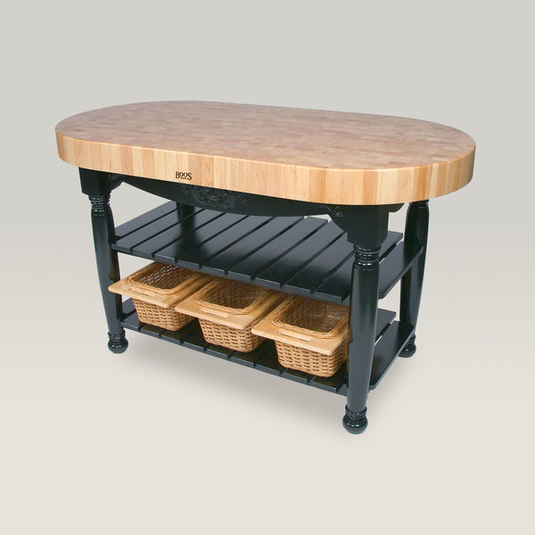 John Boos 60" X 30" X 4" Maple Harvest Table With Lower Shelf And 3 Wicker Baskets