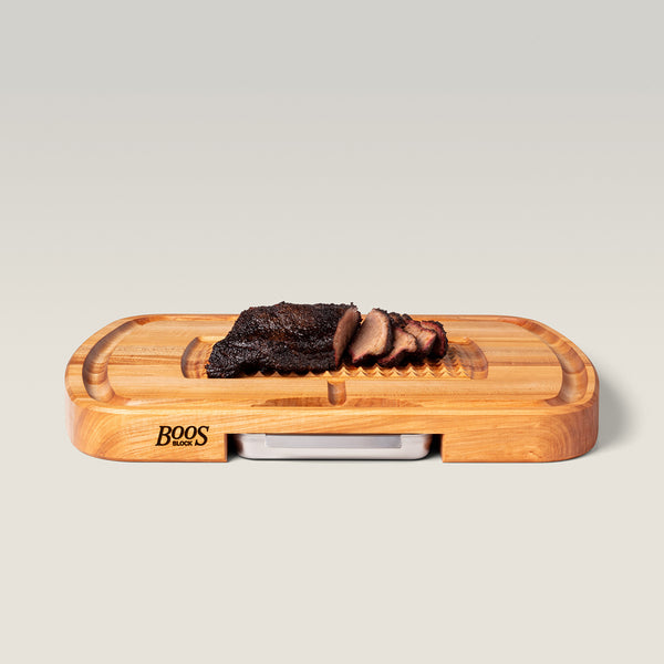 John Boos Maple Ultimate Carving Board With Sloped Juice Groove Stabilizing Pyramid Design Stainless Steel Pan 2-1/4" (Carving Series)
