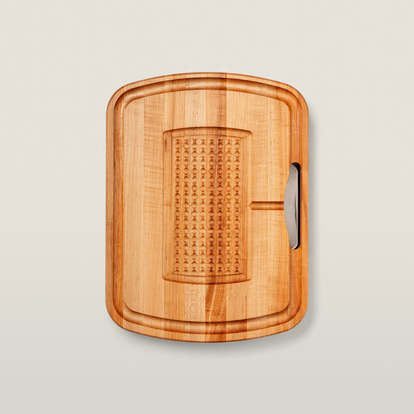 john boos Maple Ultimate Carving Board With Sloped Juice Groove Stabilizing Pyramid Design Stainless Steel Pan 2-1/4" (Carving Series)