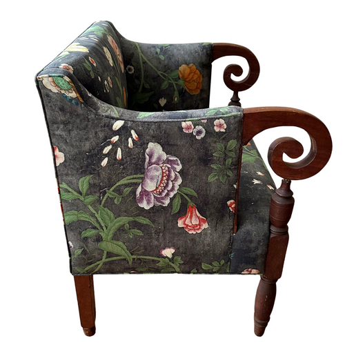 John Derian 19th Century Empire Style Settée In John Derian For Pierre Frey "Le Paravent Chinois" In Irise Prairie Black Fabric Custom Furniture