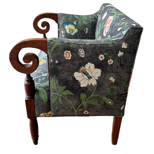 John Derian 19th Century Empire Style Settée In John Derian For Pierre Frey "Le Paravent Chinois" In Irise Prairie Black Fabric Custom Furniture