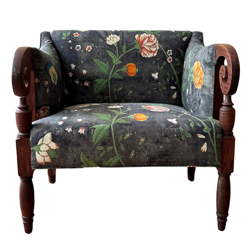 john derian 19th Century Empire Style Settée in John Derian for Pierre Frey "Le Paravent Chinois" in Irise Prairie Black Fabric Custom Furniture