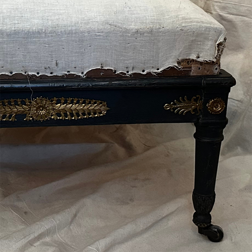 John Derian 19th Century French Chaise Add To Cart Included In Our Carefully Curated Antique Furniture Collection Is An Antique French Chaise Dating Back To The 1800s Featuring A Wood Frame With Four Wheeled Legs Gilt Details An