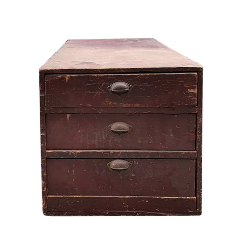 john derian 19th Century Three Drawer Table Top "Cabinet" Add to cart Details 30" L x 16" W x 17" H 3 Drawers Wood 19th Century USA Please note that vintage items will embrace unique variations such as scratches tears and genera