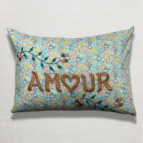 john derian "Amour" Embroidered Cushion (CS 09-01) Add to cart The "Amour" embroidered pillow by CSAO features a charming floral print motif hand-embroidered lettering and flowers showcasing West African craftsmanship. Notably e