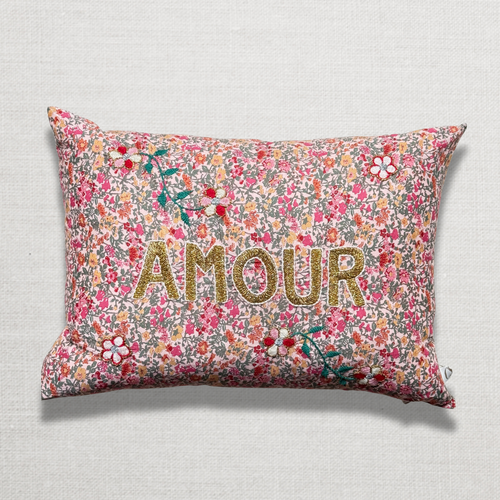 john derian "Amour" Embroidered Cushion (CS 09-10) Add to cart The "Amour" embroidered pillow by CSAO features a charming floral print motif hand-embroidered lettering and flowers showcasing West African craftsmanship. Notably e