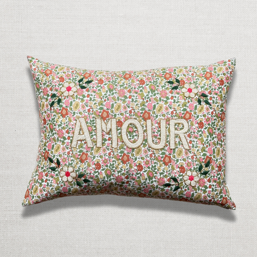 john derian "Amour" Embroidered Cushion (CS 09-12) Add to cart The "Amour" embroidered pillow by CSAO features a charming floral print motif hand-embroidered lettering and flowers showcasing West African craftsmanship. Notably e