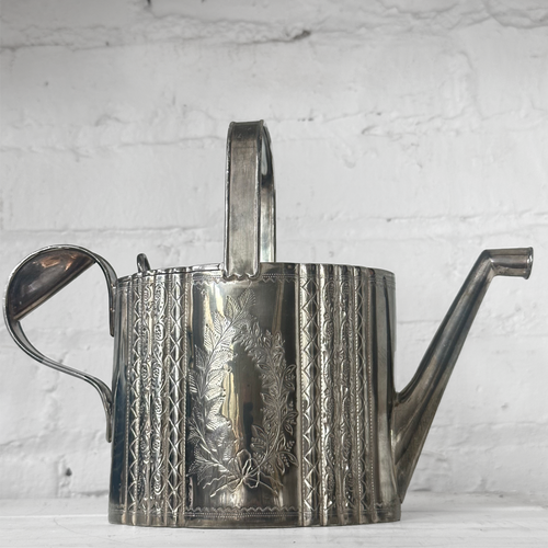 John Derian Antique Engraved Silver-Plated Watering Can Teapot Add To Cart This Antique Silver-plated Teapot Is Among John Derian's Trove Of Handpicked vintage & Antique Goods. Likely Dating To The Victorian Or Edwardian Era Th