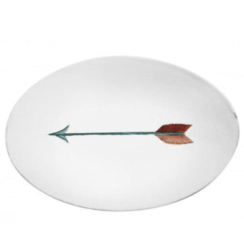 john derian Arrow Platter Add to cart Plat Ovale Fleche Details 13.25" L x 9" W Glazed terracotta Made in Paris Care Dishwasher safe on a moderate wash cycle. Not microwave safe. John Derian teamed up with Astier de Villatte to