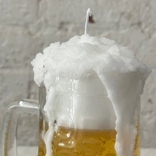 John Derian Beer Mug Candle Add To Cart Details 4.5" L X 2.5" W X 6.5" H Paraffin Wax In Glass Container Each Item Will Feature Unique Variations Made In Italy Care Remove All Paper Before Burning. Not Intended For Children. 