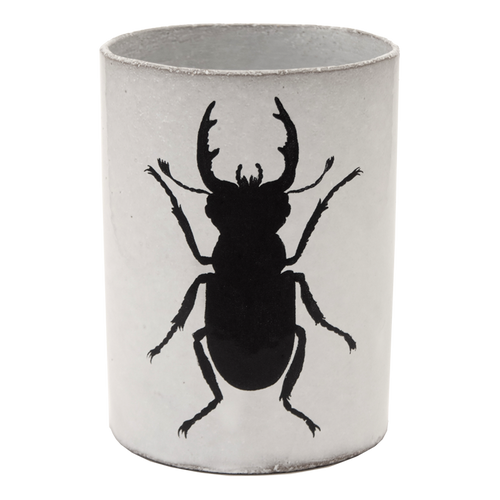 john derian Beetle Silhouette Vase Add to cart Details 3" W x 5" H Glazed terracotta Made in Paris Care Dishwasher safe on a moderate wash cycle. Not microwave safe. Image Origin Germany mid-19th century.  John Derian teamed