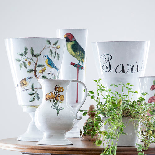 John Derian Bengal Parrot Vase Add To Cart Details 4.5" W X 14.25" H Glazed Terracotta Made In Paris Care Dishwasher Safe On A Moderate Wash Cycle. Not Microwave Safe. Image Origin England 1884.  John Derian Teamed Up With As