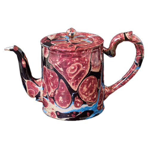 john derian Black Blue & Red Marble Teapot- Small Add to cart Petite Théière Marbre Marron8.5" Wide x 4" Diameter5" HeightMarble pattern may vary from piece to piece.John Derian teamed up with Astier de Villatte to add his ico