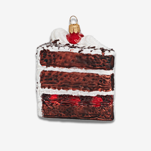 john derian Black Forest Cake Ornament Add to cart This charming miniature captures the rich allure of a classic Black Forest cake slice. Crafted with intricate detail it features iced layers and a cherry on top perfect for addi