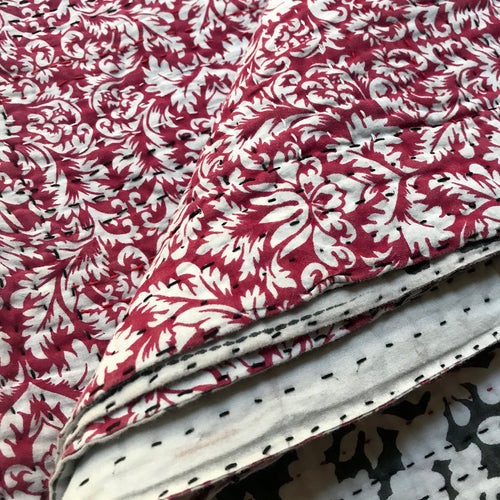 John Derian Black & Red Newly Printed Queen Bedcover Newly Printed Kantha Queen Bedcover