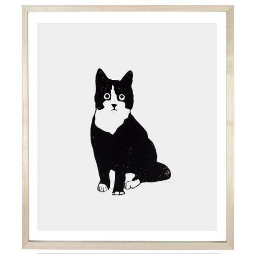 john derian Black & White Seated Cat 12 x 14" Linocut Print