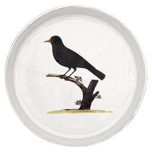 john derian Blackbird Dish Add to cart Sous Pot Oiseau Noir Details 8" Diameter x 1.5" Deep Glazed terracotta Made in Paris Care Dishwasher safe on a moderate wash cycle. Not microwave safe. Image Origin England 1738. John Deria