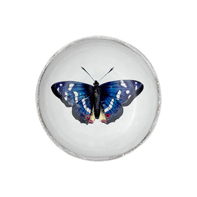 john derian Blue Butterfly Dish Add to cart Coupelle Papillon Bleu Details 3.5" Diameter x 1" Deep Glazed terracotta Made in Paris Care Dishwasher safe on a moderate wash cycle. Not microwave safe. Image Origin Scotland 1824. Jo