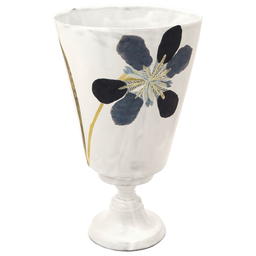 john derian Blue Iris Vase Add to cart Vase Iris Blue Details 7"W x 12"H Glazed terracotta Made in Paris Care Dishwasher safe on a moderate wash cycle. Not microwave safe. Image Origin The Netherlands 1757.  John Derian teamed