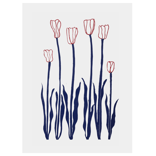 john derian Blue & Red Tulips 22 x 30" Linocut Print with Colored Ink
