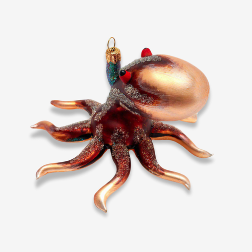 john derian Brown Optopus Ornament Add to cart All Holiday ornaments and items are final sale and are not eligible for return or exchange.  Details 3" W x 7" H Glass Handblown in Lodz Poland Please note all ornaments and holida