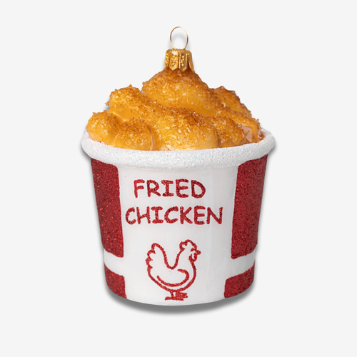 john derian Bucket of Fried Chicken Ornament Add to cart A mouthwatering addition to your holiday décor: this Bucket of Fried Chicken Ornament features a detailed design showcasing a classic striped bucket filled with crispy go