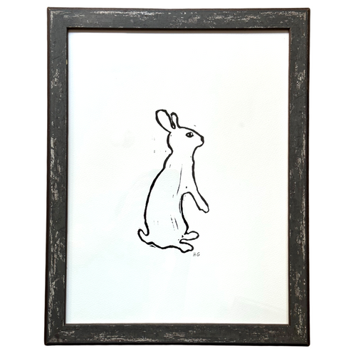 john derian "Bunny 2" in an Hand Painted Custom Grey Frame Ready to Ship Linocut