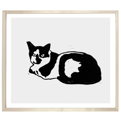 john derian Calico Seated Cat with Black Nose 12 x 14" Linocut Print