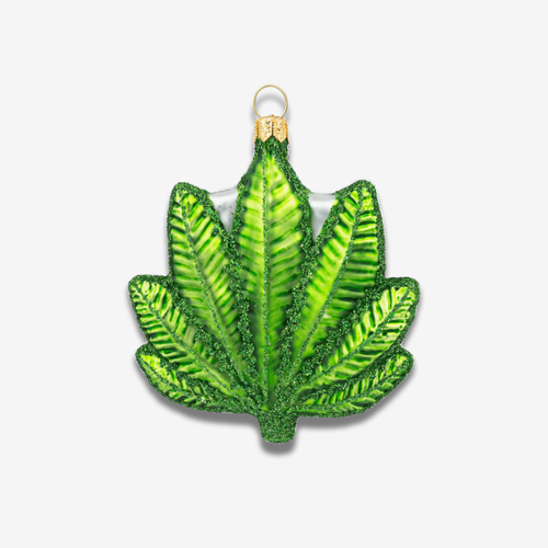 john derian Cannabis Leaf Ornament Add to cart A playful and unique addition to your holiday décor: this Cannabis Leaf Ornament features a detailed design of the iconic cannabis leaf crafted with vibrant green hues and intricat