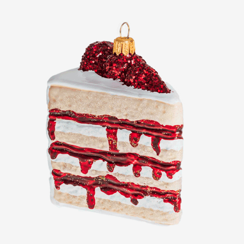 john derian Cherry Cake Slice Ornament Add to cart All Holiday ornaments and items are final sale and are not eligible for return or exchange.  Details 3.5" H Glass Handblown in Poland Please note all ornaments and holiday it