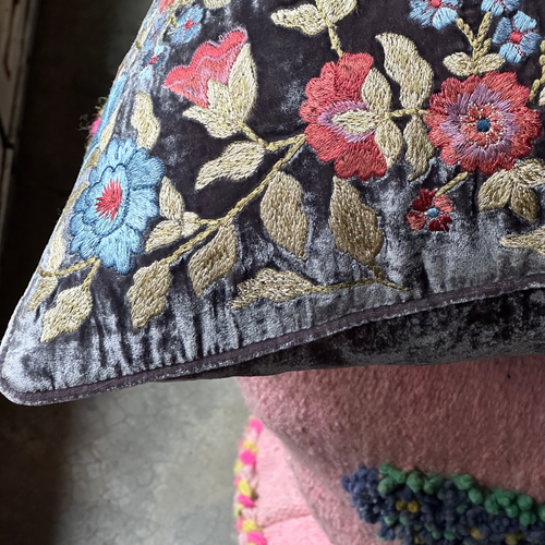 John Derian Connie Embroidered Silk Velvet Cushion In Graphite 16" X 16" - $388.00 20" X 20" - $534.00 24" X 24 - $686.00
