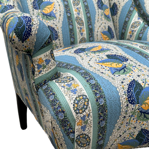 John Derian Custom Bog Chair In Décors Barbares Casse-noisette Blue Fabric Custom Furniture